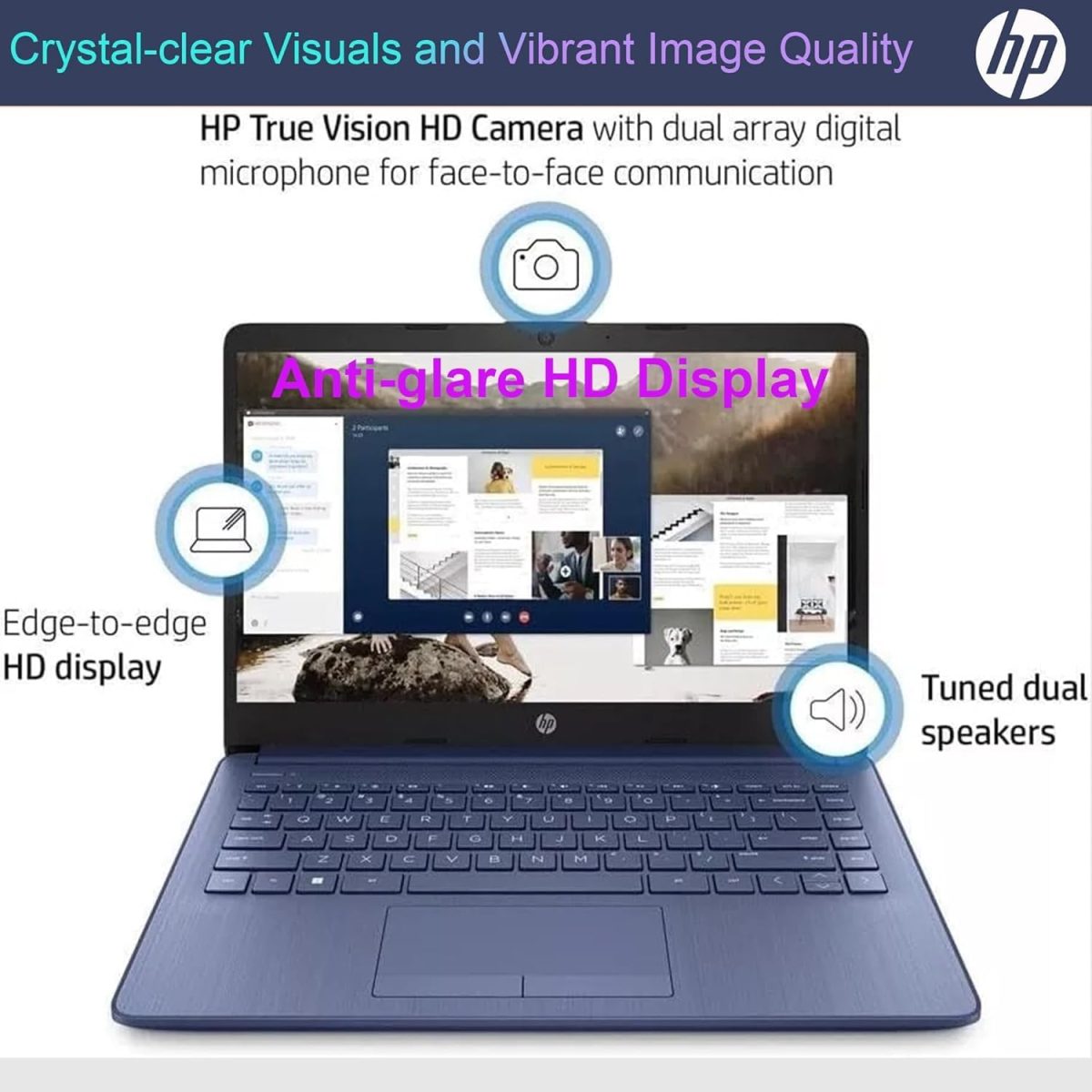 ⁦HP New 14" HD Ultral Light Thin Laptop, Quad-Core Intel Celeron Processor, 16GB RAM, 564GB (64GB eMMC+ 500GB Ext), Wi-Fi, Upto 11 Hours, Windows 11 S + 1 Year Office 365+HubxcelAccessory, Royal Blue⁩ - الصورة ⁦8⁩
