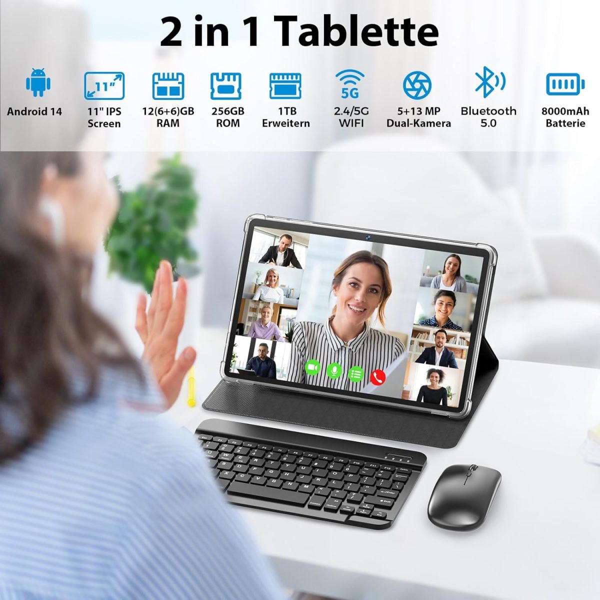 ⁦Android Tablet, 11 Inch Tablet Android 14 with Keyboard, 12GB + 256GB, 1TB Expand, Tablet PC with Octa-Core, 8000mAh, 2.4G/5G WiFi, 13MP + 5MP Camera, 2-in-1 Tablet with Keyboard Bag, Mouse, Stylus⁩ - الصورة ⁦2⁩