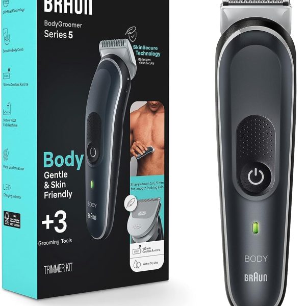 Braun Body Groomer 5 for Men, BG5340, Manscaping Tool, SkinShield Technology, Sensitive Comb, Lifetime Sharp Metal Blade, Body Groomer for Men, Gray/White