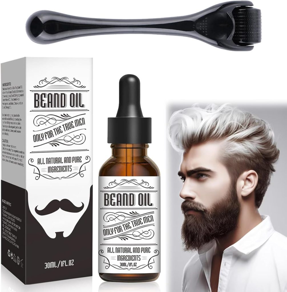 Beard Growth Serum Kit, Azonee Organic Beard Oil with Tea Tree and Jojoba, 0.5MM Derma Roller for Beard Growth, Nourishing Beard Grooming Set for Fuller and Thicker Beard