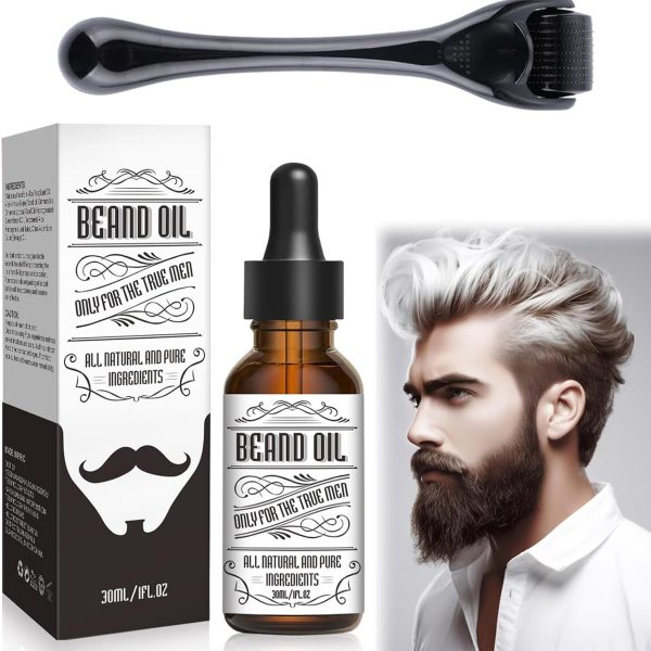 Beard Growth Serum Kit, Azonee Organic Beard Oil with Tea Tree and Jojoba, 0.5MM Derma Roller for Beard Growth, Nourishing Beard Grooming Set for Fuller and Thicker Beard