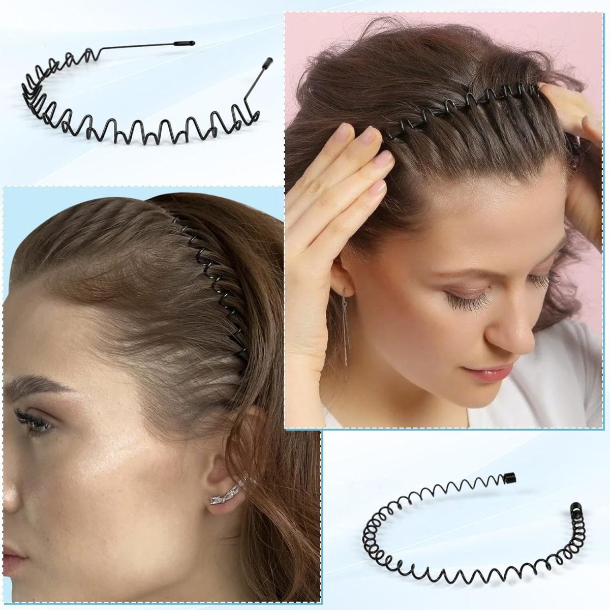 ⁦fenshine Metal Hair Bands Feather Wavy Headband Unisex Black Wavy Headband Polished Backwards Non-Slip Sports Hair Band for Women Men 6 Pack⁩ - الصورة ⁦4⁩
