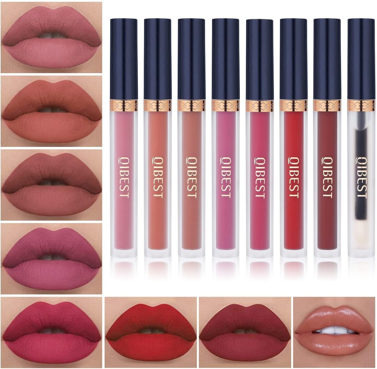 QiBest 7Pcs Matte Liquid Lipstick + 1Pcs Lip Plumper Makeup Set Kit, Pigmented Long Lasting Lip Gloss Set, Velvet Waterproof Lip Makeup Valentine's Day Gift Sets for Girls and Women