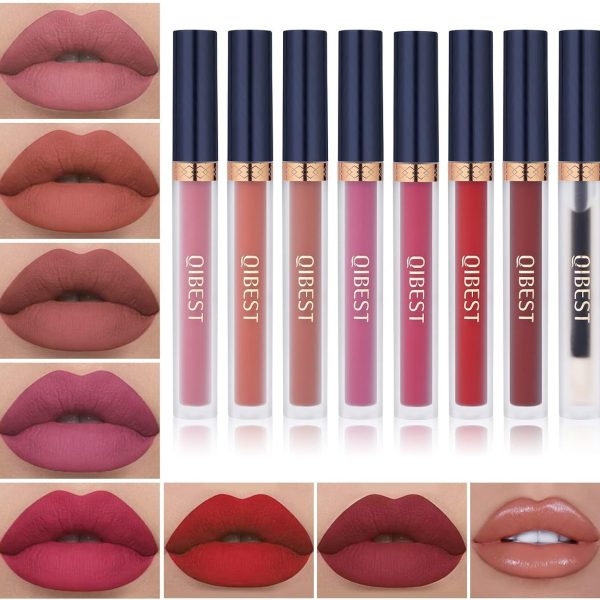 QiBest 7Pcs Matte Liquid Lipstick + 1Pcs Lip Plumper Makeup Set Kit, Pigmented Long Lasting Lip Gloss Set, Velvet Waterproof Lip Makeup Valentine's Day Gift Sets for Girls and Women