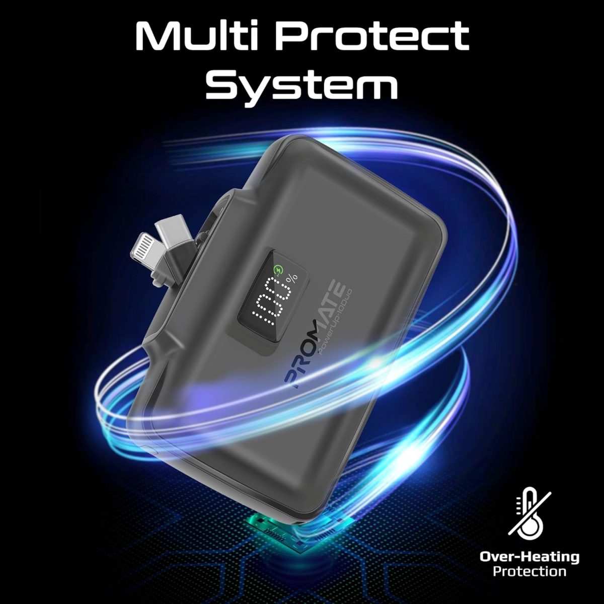 ⁦Promate 10000mAh Power Bank, Compact with 20Watt USB-C™ In/Out Foldable Connector, 20Watt Lightning Foldable Connector, Ultra-Fast 20Watt USB-C™In/Out Port, Charge Protection, LED Display (Black)⁩ - الصورة ⁦5⁩