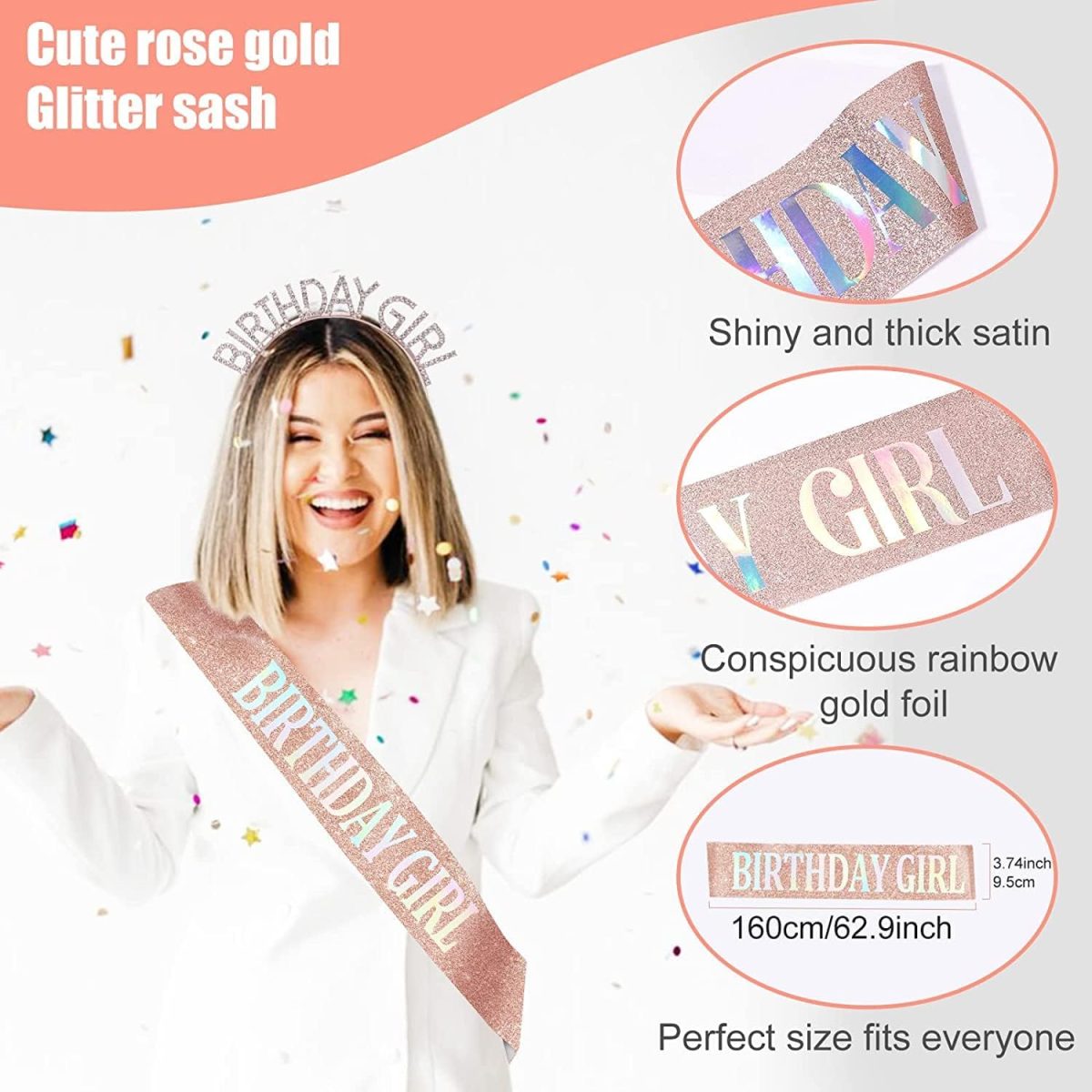 ⁦Rose Gold Birthday Crown and Sash Set for Women - Tiara, Headband, Princess Rhinestone Crown, Party Girl Sweet Hair Accessories - Happy Birthday Gift⁩ - الصورة ⁦3⁩