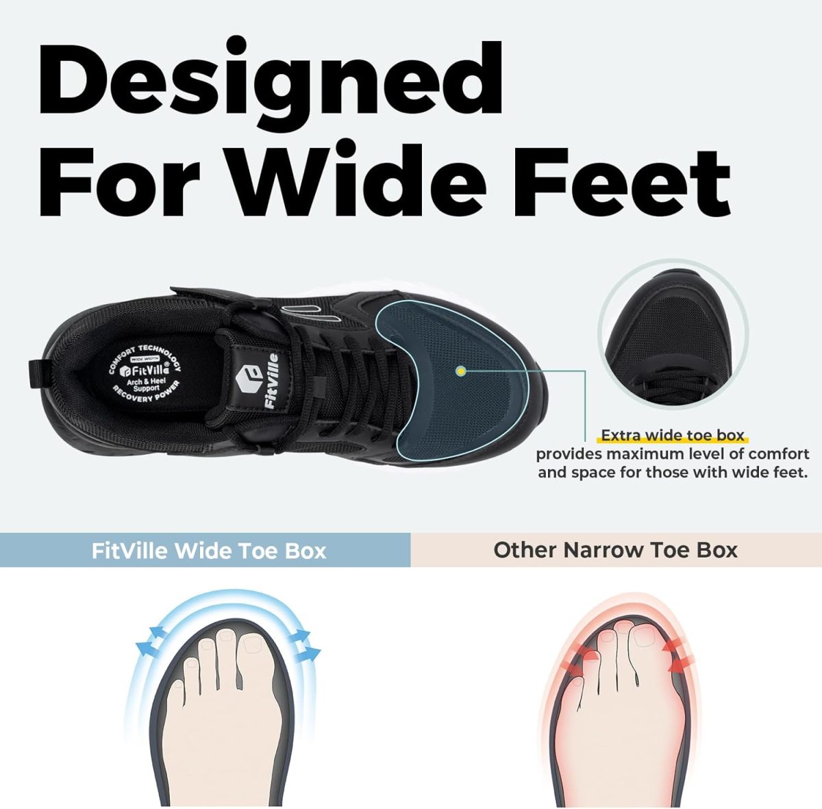 ⁦FitVille Men's Walking Shoes Wide Width Sneaker Running Orthopedic Shoes for Flat Feet Plantar Fasciitis - Rebound Core V7⁩ - الصورة ⁦3⁩