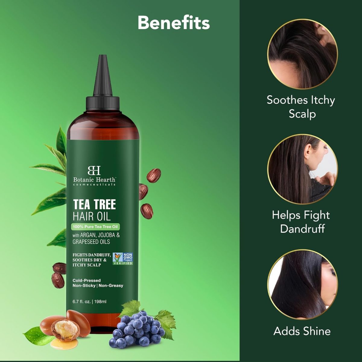 ⁦Botanic Hearth Tea Tree Oil for Hair | With Argan, Jojoba & Grapeseed Oils | Soothes Itchy Scalp & Fights Dandruff | Non GMO Verified | 200ml⁩ - الصورة ⁦2⁩