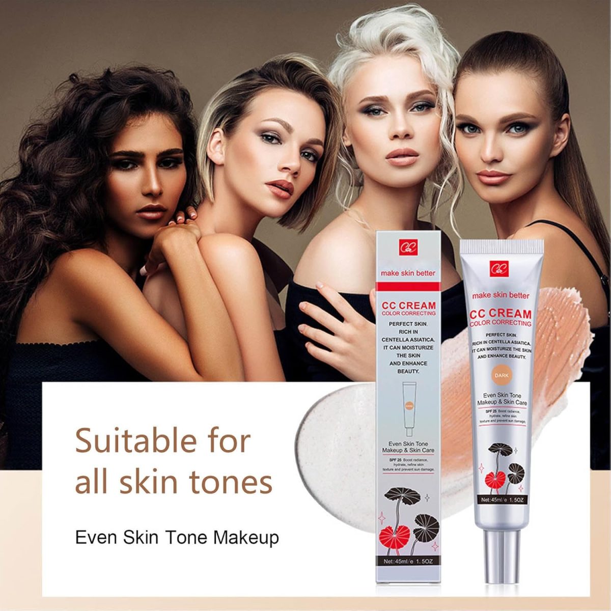 ⁦Grospe Centella Asiatica Color Correcting CC Cream Foundation Full Coverage Invisible Pores Long-Lasting Makeup Moisturising CC Cream for Naturally Glowing Skin 45ml (#1 Dark)⁩ - الصورة ⁦7⁩