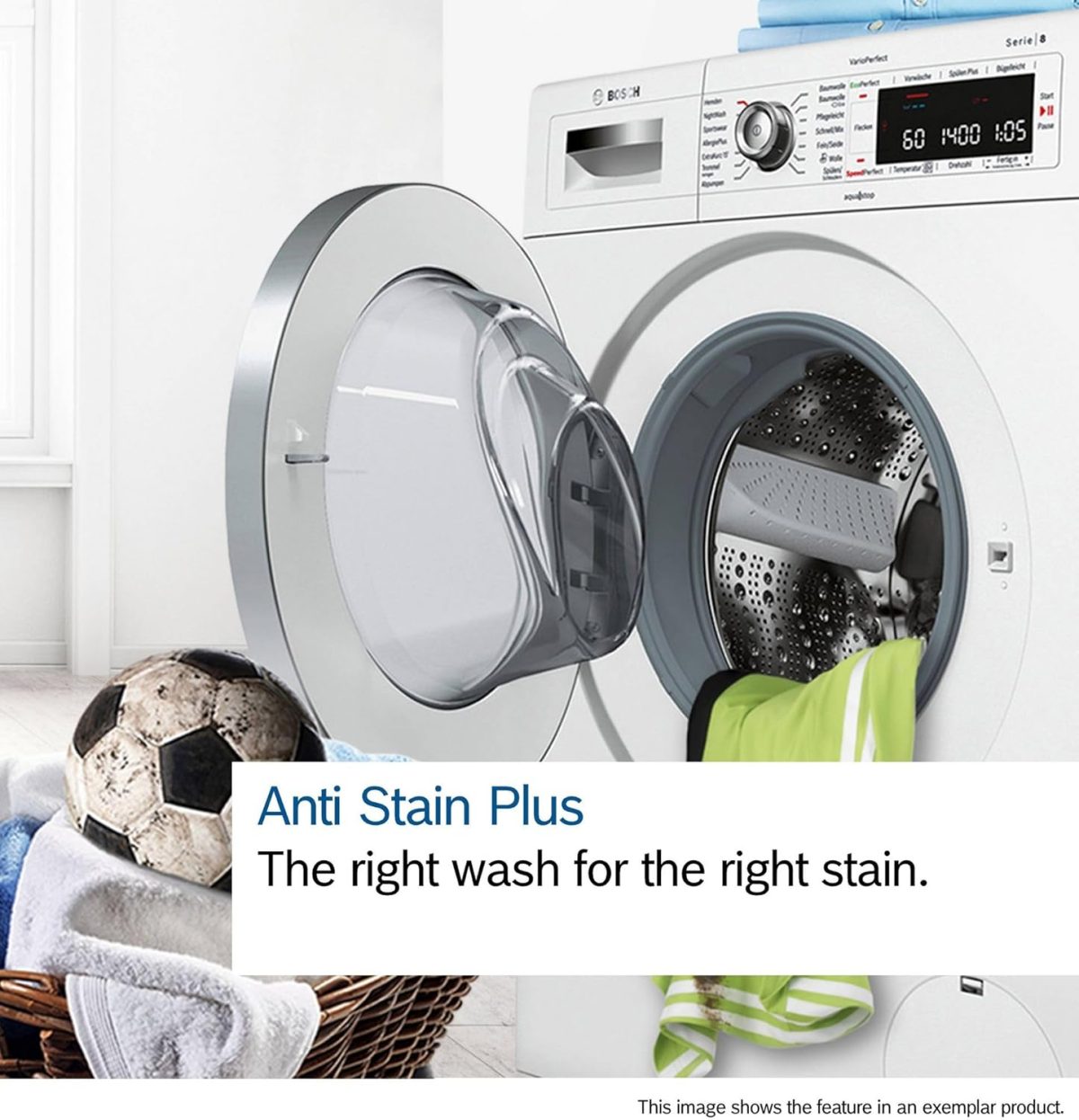 ⁦Bosch Washing Machine WGA144ZRSA, Series 4, Front Load 9 kg, 1400 RPM, AntiStain System, Pre-Soak, EcoSilence Drive™, Wrinkle Reduction, Energy Efficient⁩ - الصورة ⁦8⁩