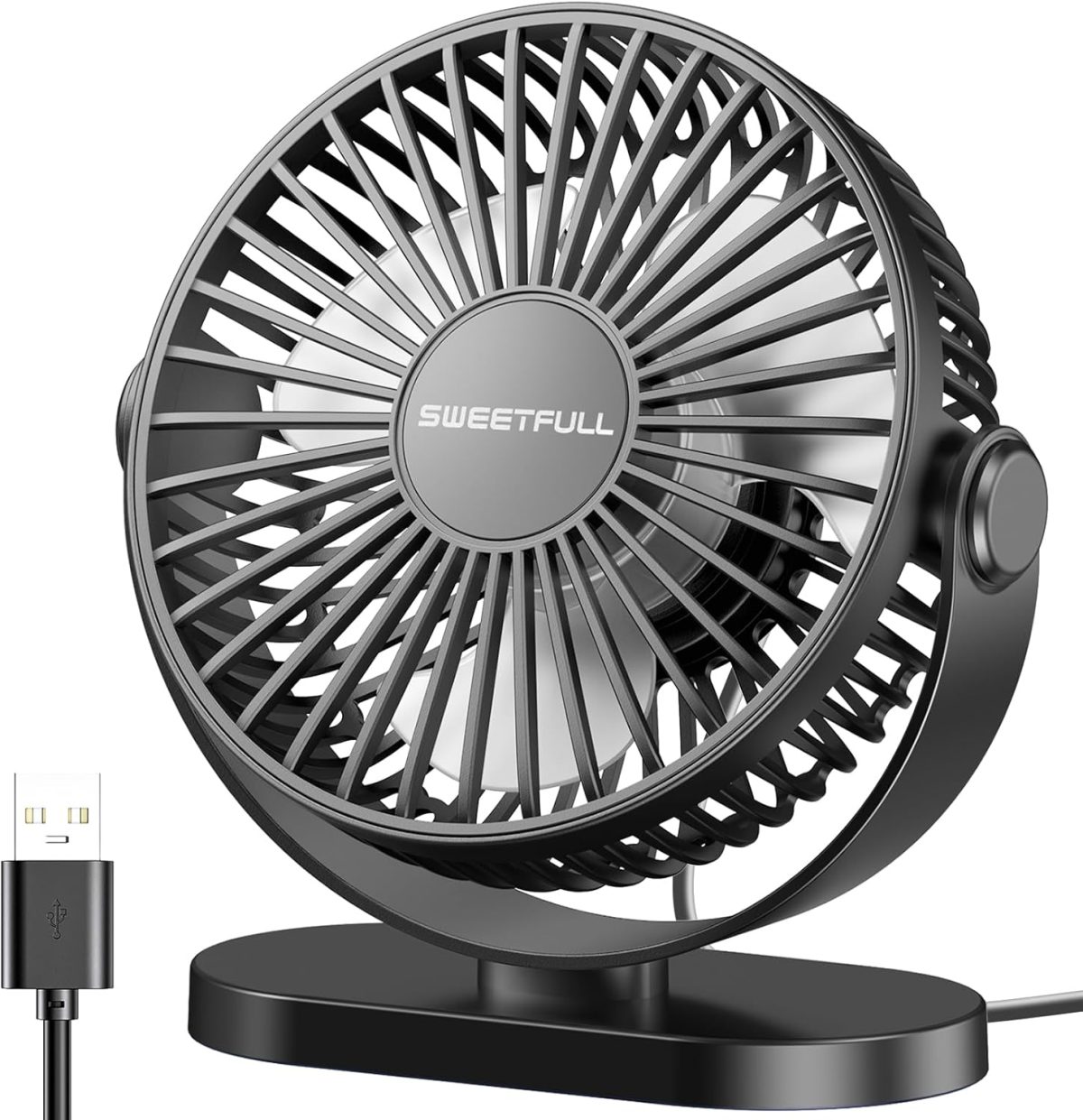 SWEETFULL Desk Fan, Small USB Desk Fan Silent, 3 Speeds Portable Personal Desktop Fan, Dual 360 Adjustment Mini Fan, Quiet Operation for Home,Office,School and Outdoor (Black)