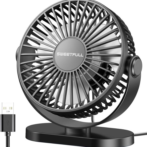 SWEETFULL Desk Fan, Small USB Desk Fan Silent, 3 Speeds Portable Personal Desktop Fan, Dual 360 Adjustment Mini Fan, Quiet Operation for Home,Office,School and Outdoor (Black)