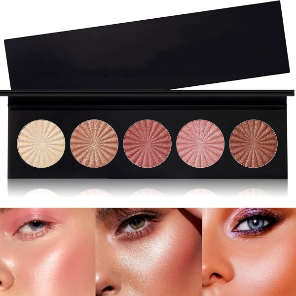 Khazna Highlighter Powder Palette, Makeup Palette Facial Bronzers Illuminator Palette Highlighter Baked Waterproof Long Lasting Brilliant Lighten Skin Color (5 Color, 1 Count (Pack of 1))