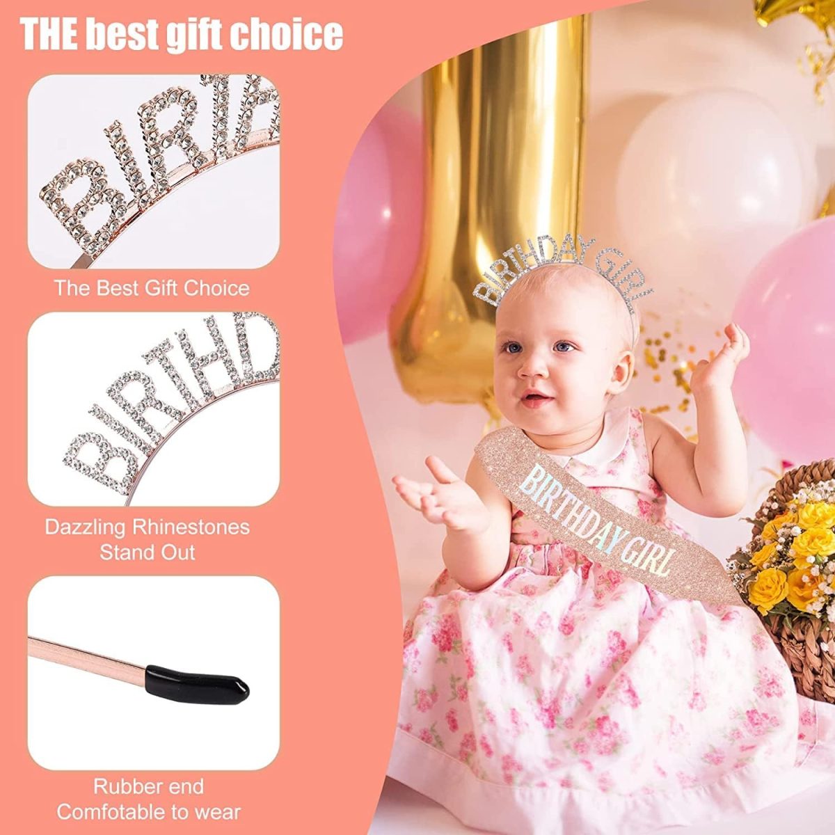 ⁦Rose Gold Birthday Crown and Sash Set for Women - Tiara, Headband, Princess Rhinestone Crown, Party Girl Sweet Hair Accessories - Happy Birthday Gift⁩ - الصورة ⁦2⁩
