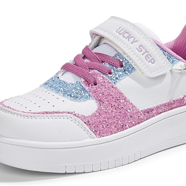 LUCKY STEP Girl's Glitter Sneakers Slip On Hook and Loops Athletic Sparkly Beads Casual Tennis School Party Cute Running Shoes for Children/Girls/Kids
