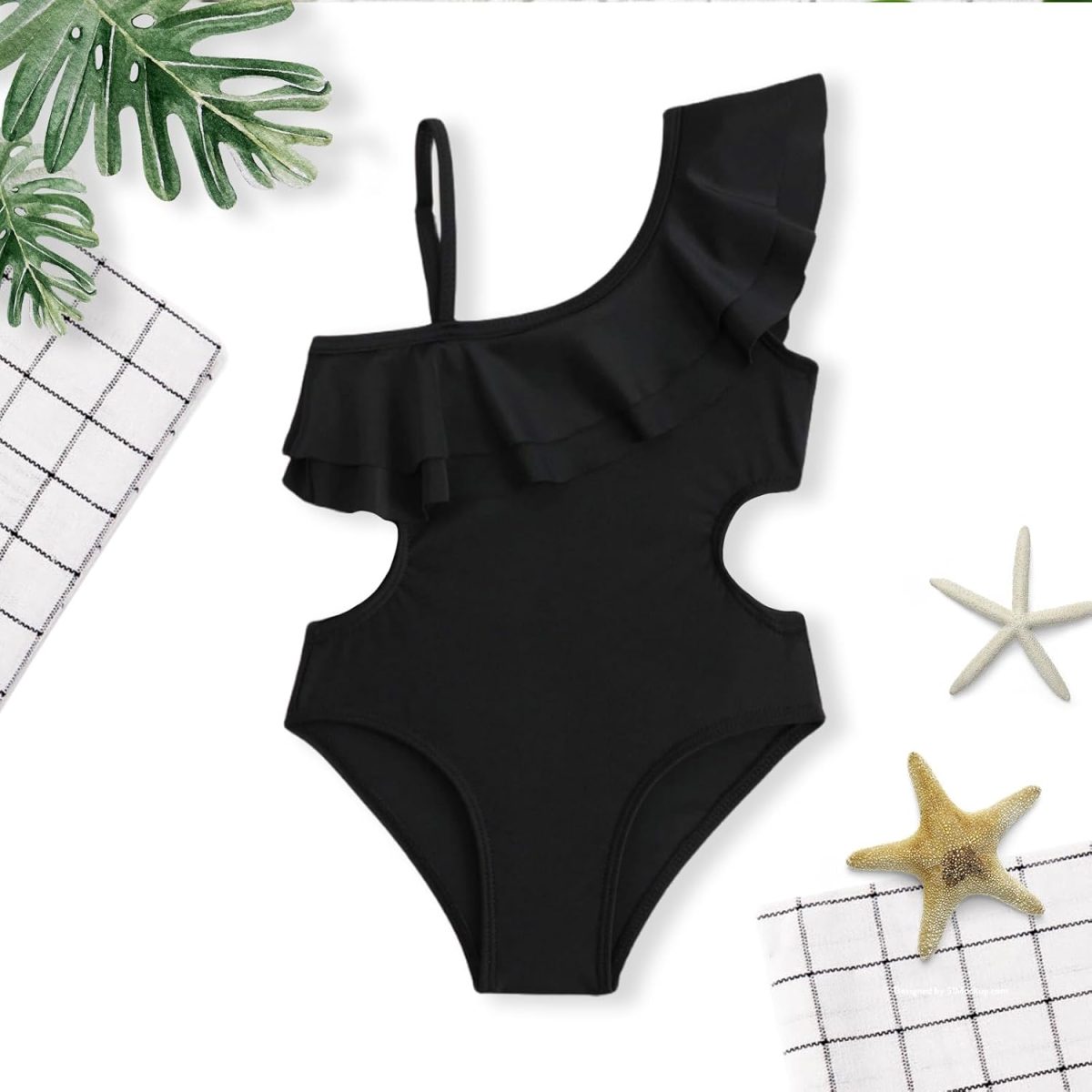 ⁦Momkonzz Girls Swimming Costumes Kids One Piece Swimsuit Straps Ruffle Swimwear Black 7-16 Years⁩ - الصورة ⁦7⁩
