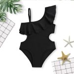 ⁦Momkonzz Girls Swimming Costumes Kids One Piece Swimsuit Straps Ruffle Swimwear Black 7-16 Years⁩ - الصورة ⁦7⁩