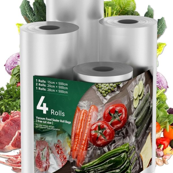HEYMIX PROFESSIONAL Vacuum Food Sealer Roll - 4 Pack Vacuum Seal Bags Rolls,Seal Storage 28/20/15CMx5M,Heat Commercial Grade Bag Rolls Storage Bags Compatible with All Vac Machines,Food Saver