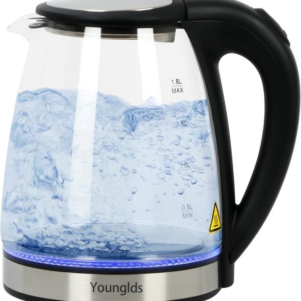 Electric Kettle1.8L Transparent Glass Kettle Stainless Steel Tea Kettle 1500W Fast Boiling Water Heater,BPA-Free Hot Water Boiler with Auto Shut-Off,Easy to Clean,LED Indicator,Perfect for Home,Office