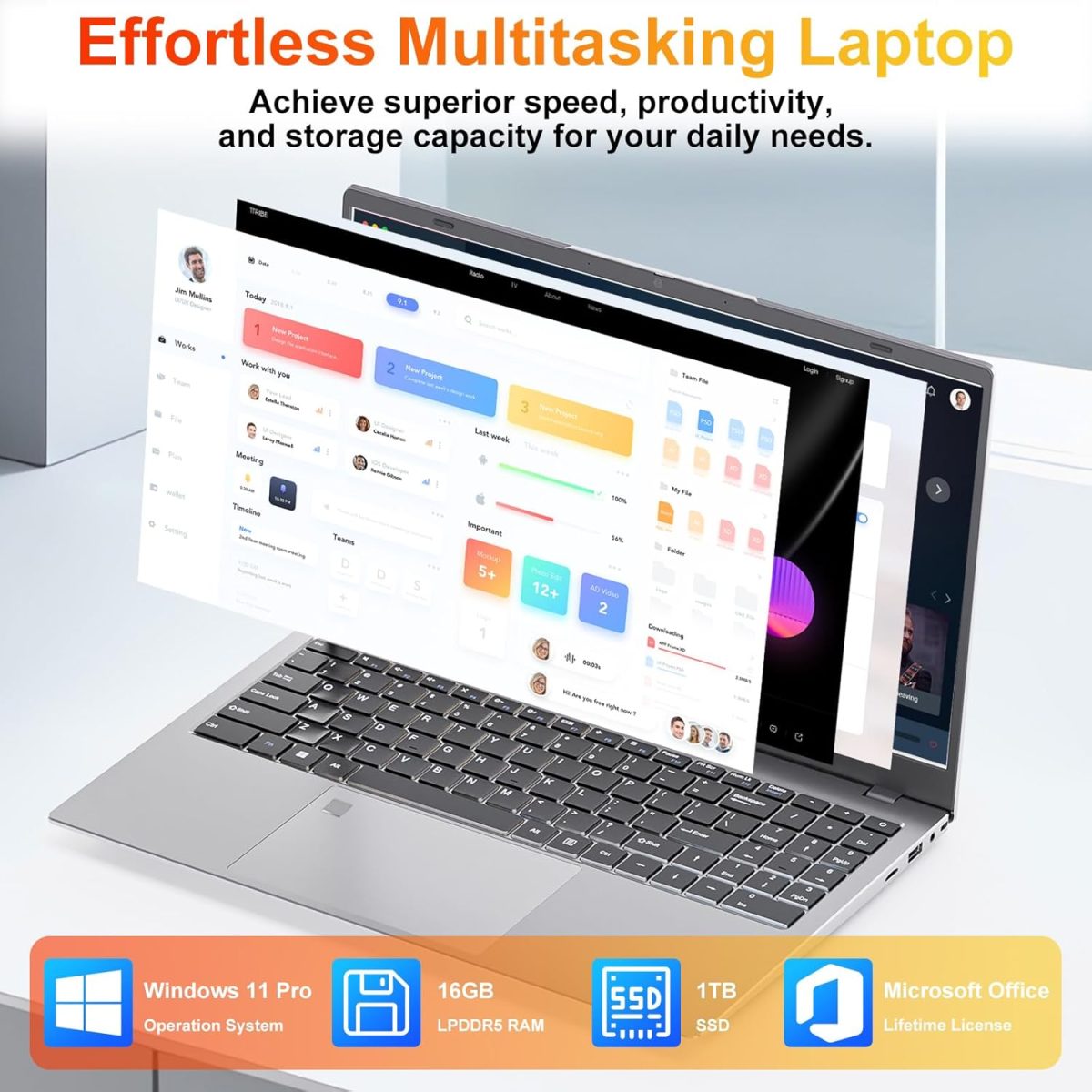 ⁦GINA 15 15.6" FHD Laptop Compter, Windows 11 Pro for Students, Intel Quad-Core N100, 16GB DDR5 RAM, 1TB SSD, Free MS Office, Fingerprint, Numeric Keypad, Type-C, HDMI, USB 3.2, 2-Year Warranty⁩ - الصورة ⁦3⁩