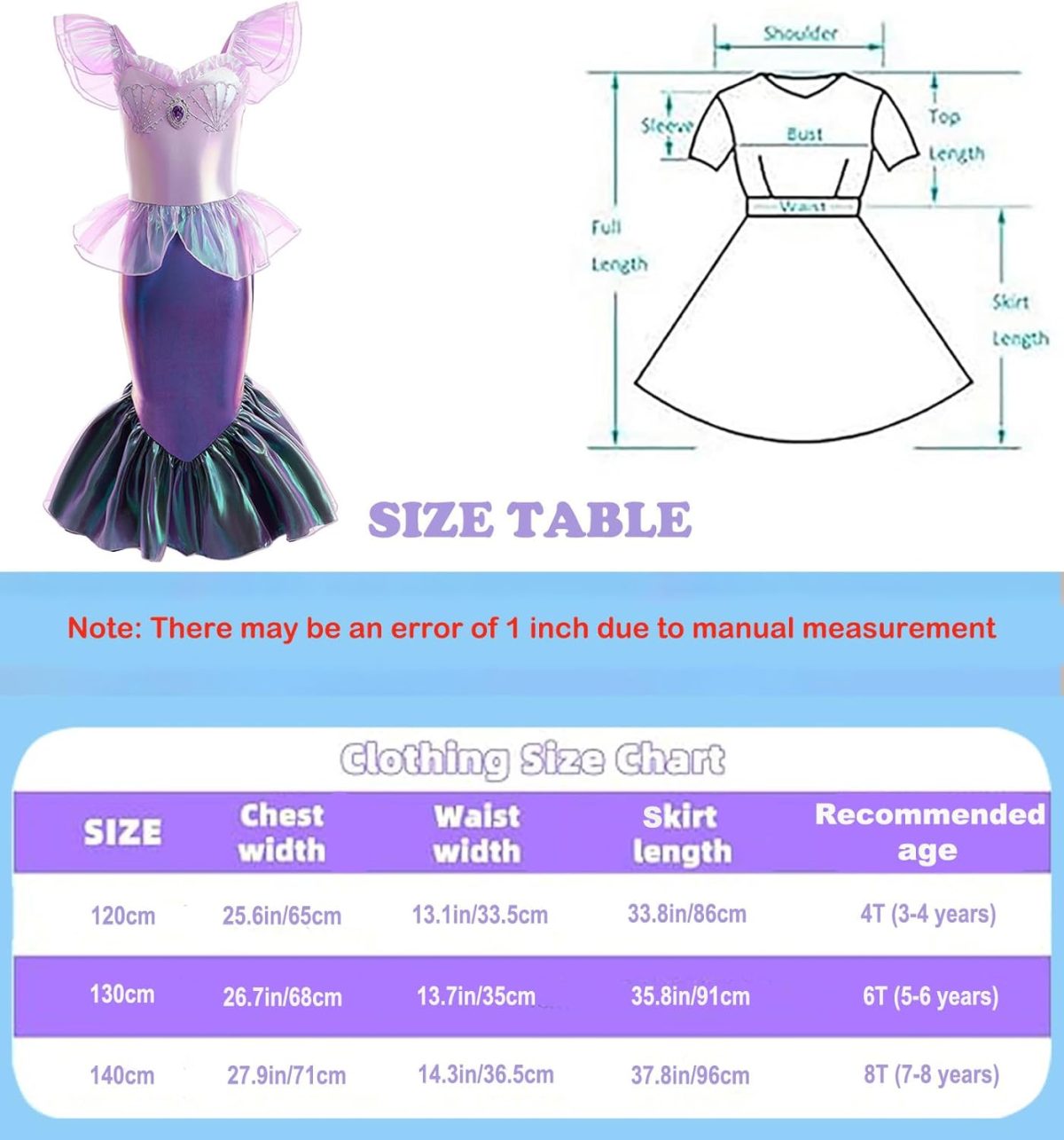 ⁦Poicbor Mermaid Princess Costume for Girls, With forehead accessories and earhooks for Girls 3-8 Birthday Party Halloween Cosplay Outfit with Accessories⁩ - الصورة ⁦3⁩