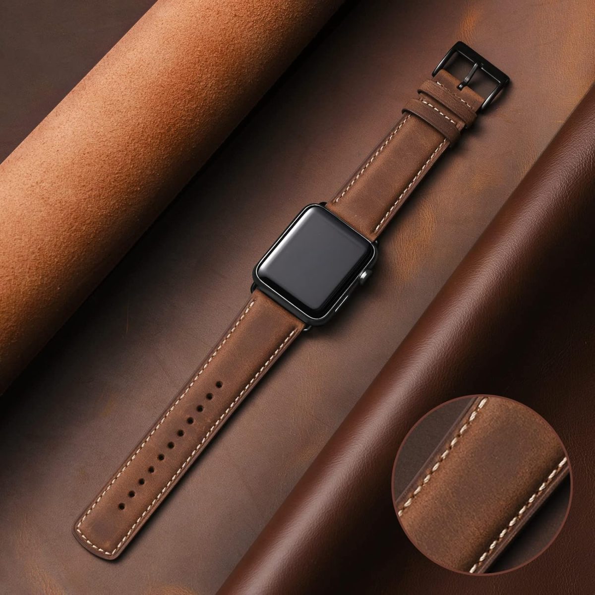⁦SUNFWR Leather Bands Compatible with Apple Watch Band 49mm 45mm 44mm 42mm for Men Women, Top Grain Genuine Leather Replacement Strap for iWatch Ultra2 Ultra SE2 SE Series 9 8 7 6 5 4 3 2 1⁩ - الصورة ⁦2⁩