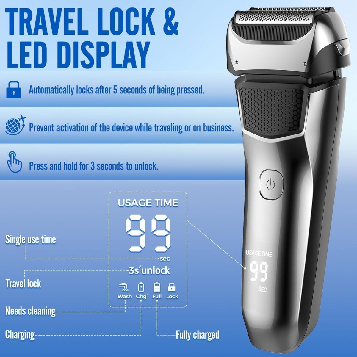⁦Electric Razor for Men, 3 Blades Cordless Rechargeable Foil Shavers Electric Razors for Face IPX6 Electric Shaver for Men with Pop-up Trimmer for Travel⁩ - الصورة ⁦7⁩