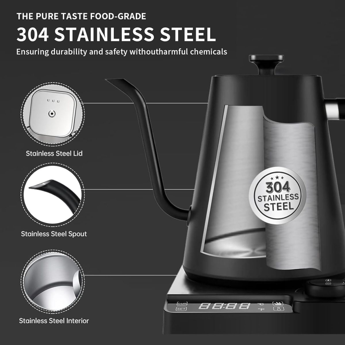 ⁦Pomefar Electric Gooseneck Kettle,Tea & Coffee Kettle with Precision Temp Control, 1200W Rapid Heating 304 Stainless Steel 1L Gooseneck kettle, 24H Keep Warm, Auto Shut-Off, Matte Black⁩ - الصورة ⁦6⁩