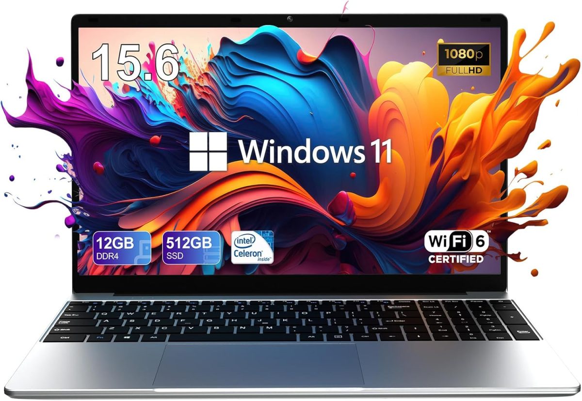 CFVOCUY Laptop Computer, 15.6'' FHD IPS Student Laptops, Celeron N5095 4-Core Processor, 12GB RAM + 512GB SSD up to Expandable 1TB, 2.4G+5G WiFi, 2 Years Warranty, Long Battery Life