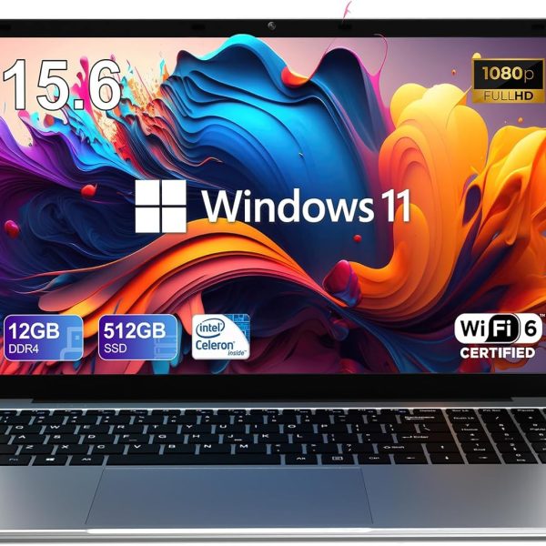 CFVOCUY Laptop Computer, 15.6'' FHD IPS Student Laptops, Celeron N5095 4-Core Processor, 12GB RAM + 512GB SSD up to Expandable 1TB, 2.4G+5G WiFi, 2 Years Warranty, Long Battery Life