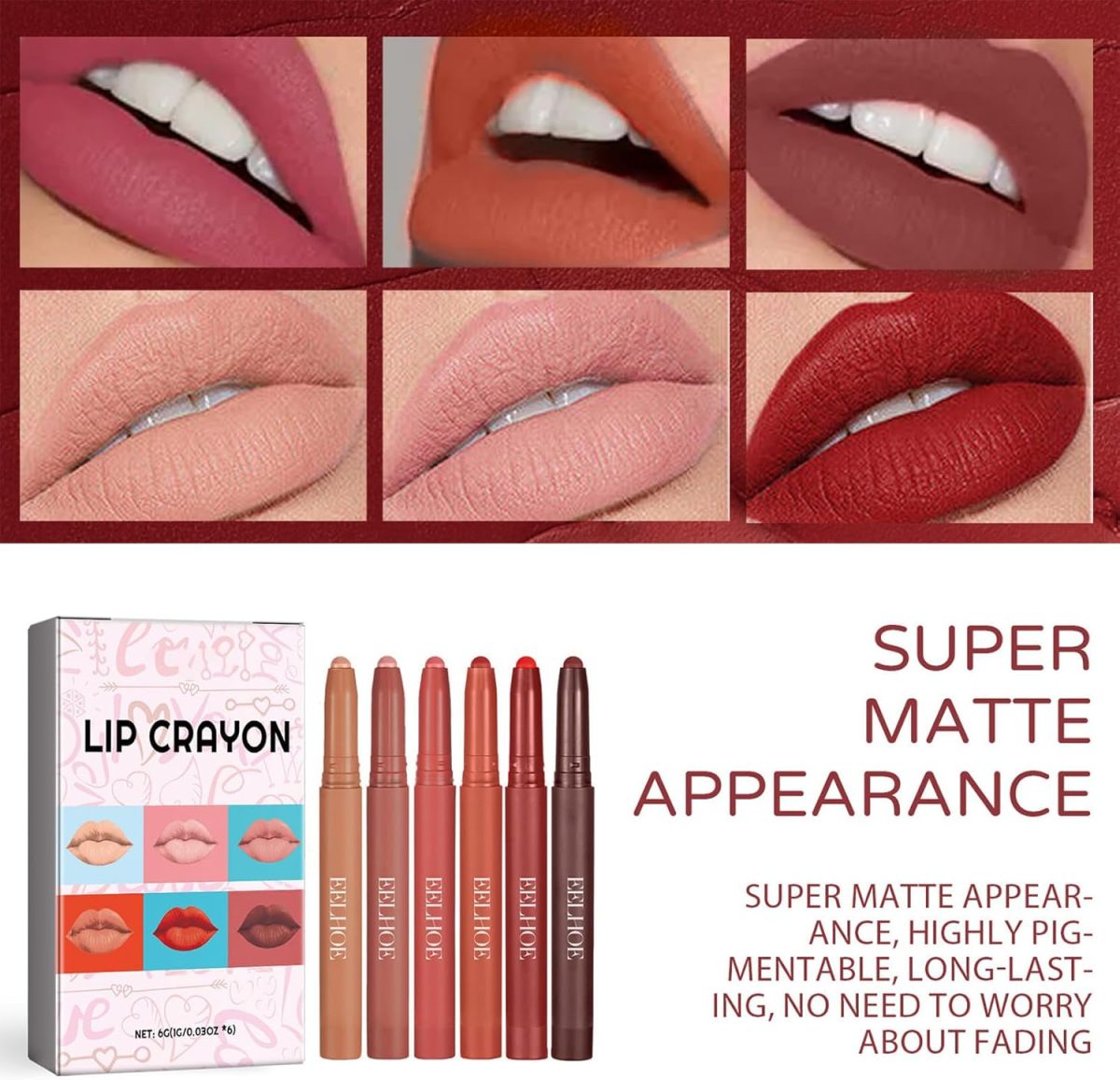⁦KASTWAVE Lip Liner Set, 6 Colours Matte Lip Liner, Long-Lasting Wear And Waterproof, Smooth, Smudge Proof, High Pigmented Smooth Nude Texture Natural, Makeup For Women⁩ - الصورة ⁦3⁩