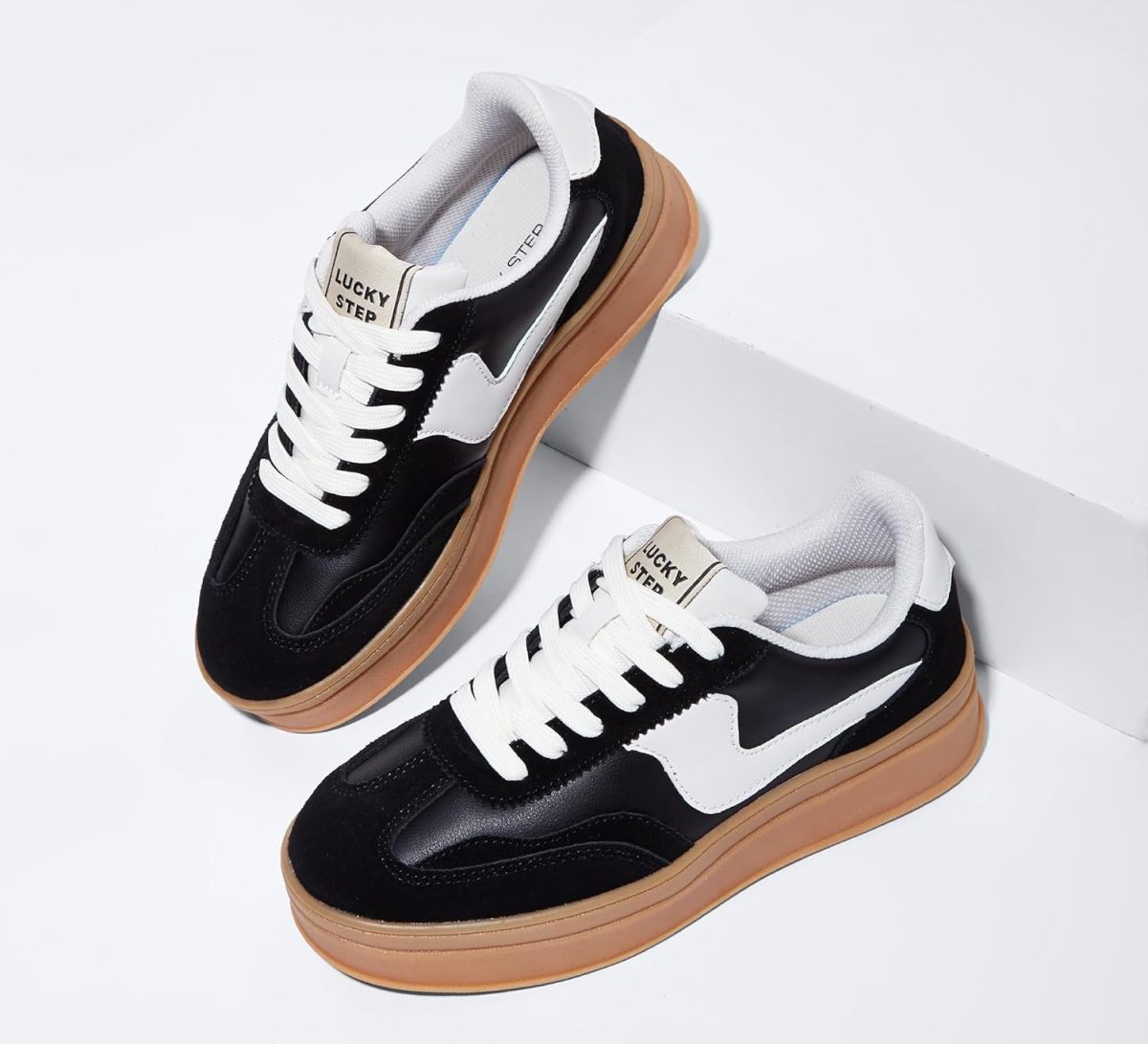 ⁦LUCKY STEP Women's Platform Fashion Sneakers Thick Sole Suede Genuine Leather Classic Rubber Gum Sole Low Top Casual Walking Shoes⁩ - الصورة ⁦4⁩