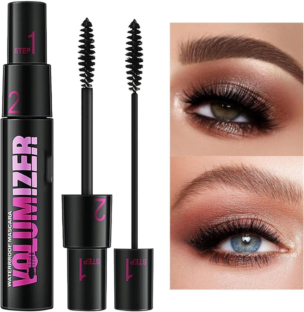 ⁦2-in-1 Black Mascara – Waterproof, Long-Lasting, Thickening & Lengthening, Curling, Natural Lashes Makeup with Dual-Brush Fiber Mascara for Women & Girls⁩ - الصورة ⁦2⁩