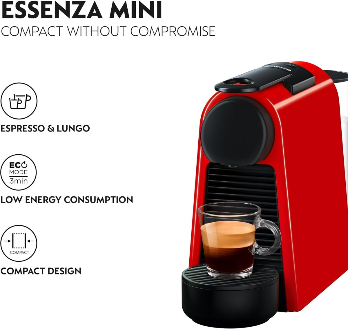 ⁦Nespresso Essenza Mini D30 Espresso Capsule Coffee Machine, 0.6 L, 19 Bar Pressure, Red⁩ - الصورة ⁦3⁩