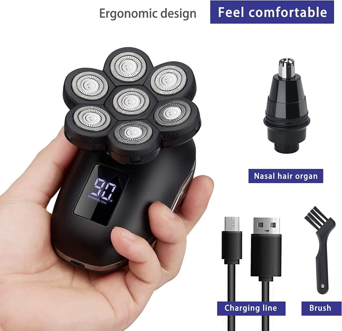 ⁦Electric Shaver for Men 5 in 1, Bald Head Shaver Waterproof, Upgraded Head Shaver 7 Floating Heads, Multifunctional Head Razors for with Nose Ear Trimmer, LED Display, 90 Mins Run time for Traval⁩ - الصورة ⁦3⁩