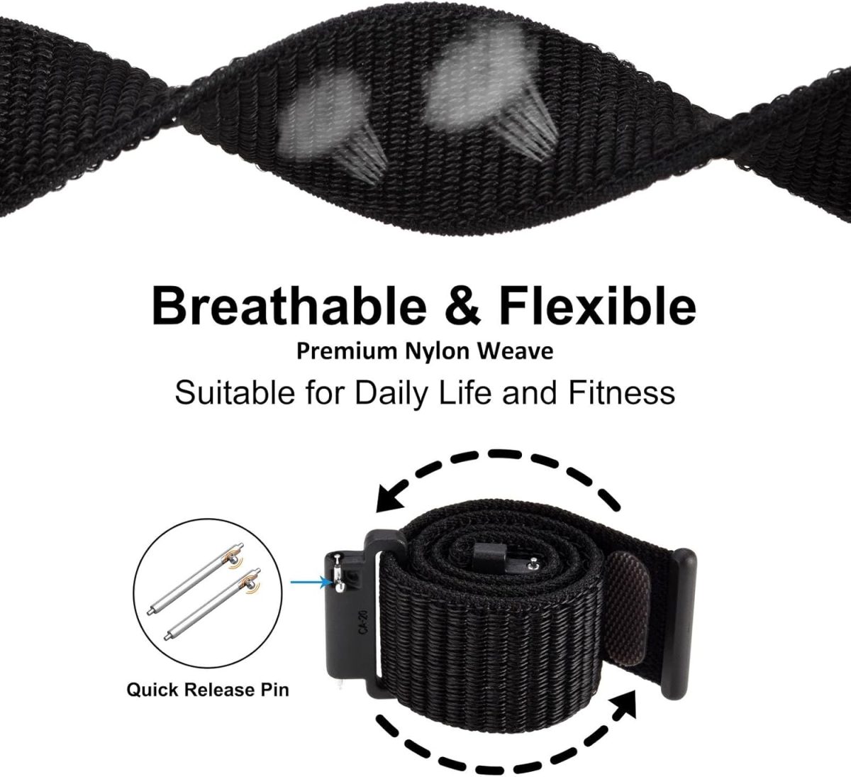 ⁦WOCCI Adjustable Nylon Sport Watch Bands with Hook and Loop Fastener, Quick Release Watch Straps for Men and Women, Band Width 16mm 18mm 19mm 20mm 21m 22mm 24mm⁩ - الصورة ⁦3⁩