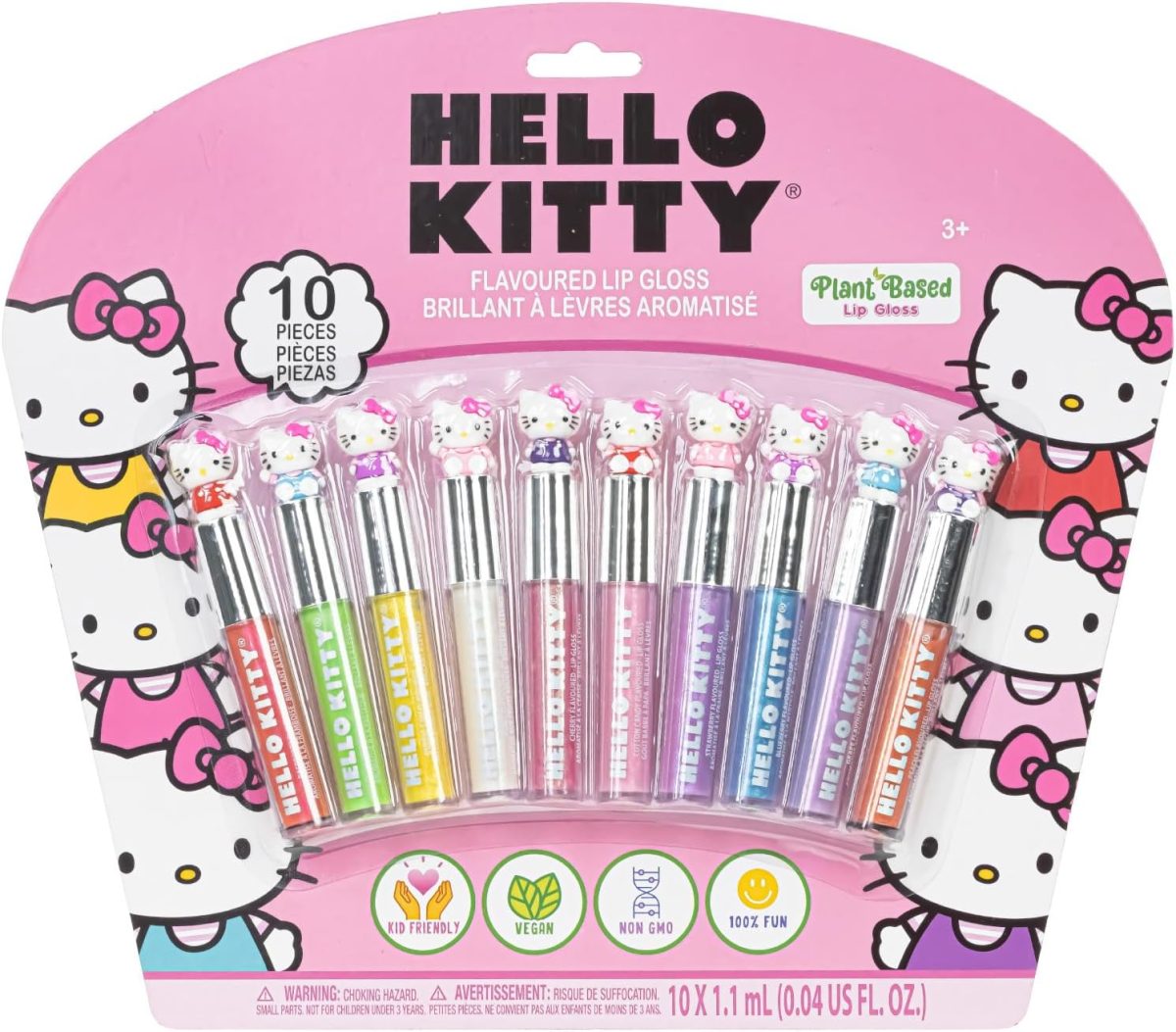 Hello Kitty 10 Piece Plant Based Lip Gloss, Girls Party Favors, First Makeup Set for Girl, Perfect for Parties, Sleepovers, and Birthday Gifts, Ages 3+, by Townley Girl