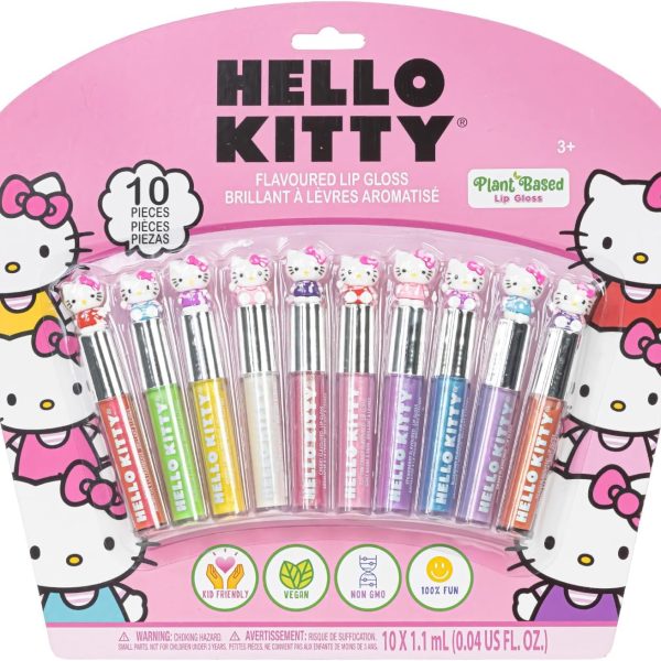 Hello Kitty 10 Piece Plant Based Lip Gloss, Girls Party Favors, First Makeup Set for Girl, Perfect for Parties, Sleepovers, and Birthday Gifts, Ages 3+, by Townley Girl