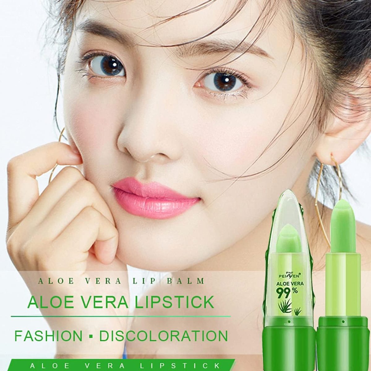 ⁦Skynest 3 Pack Aloe Vera Lip Balm, Moisturizing Lipstick Temperature Color Change Lipstick Long Lasting Nutritious Aloe Vera Lip Plumper Set (Green)⁩ - الصورة ⁦2⁩