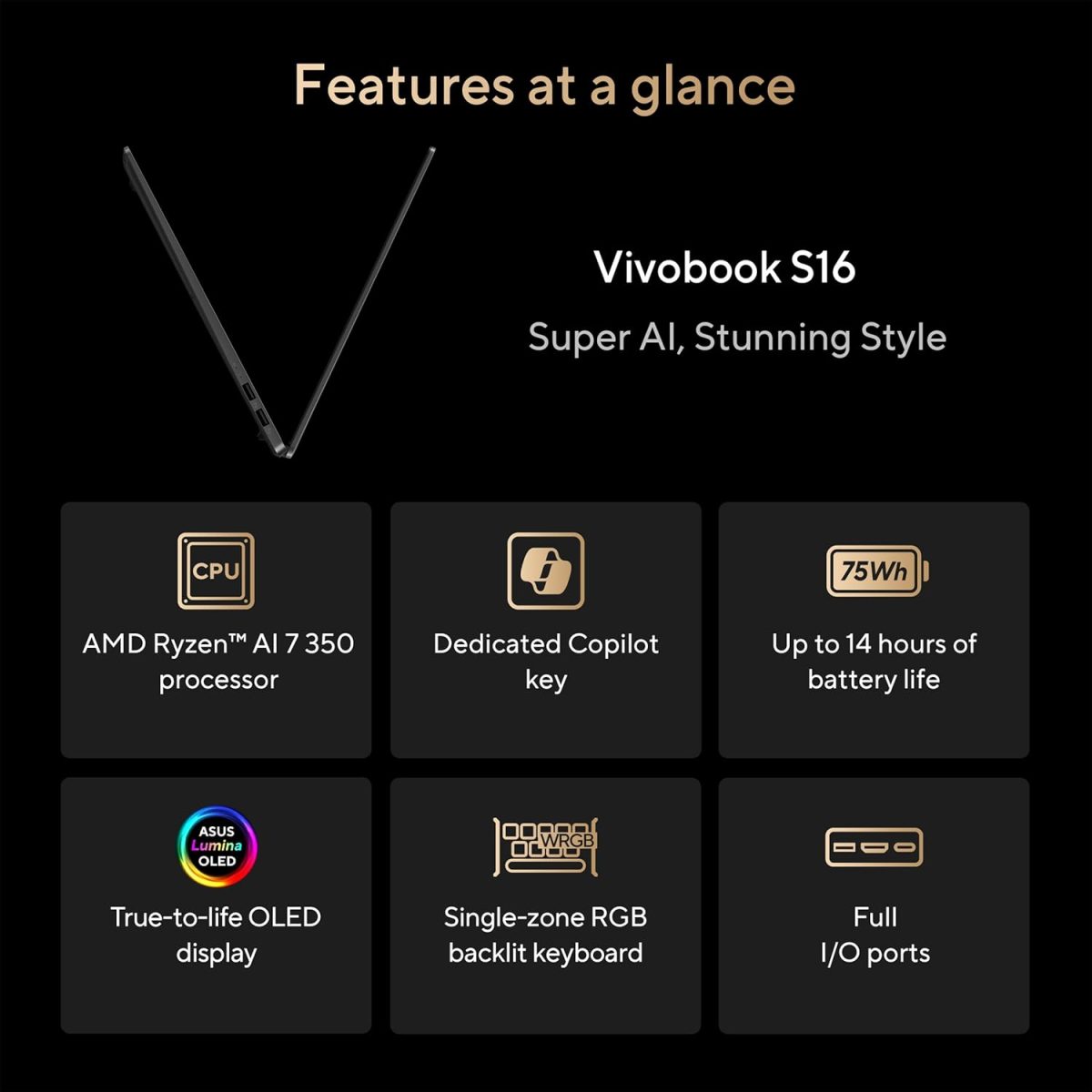 ⁦ASUS Vivobook S16 Laptop, Copilot+ PC, AMD Ryzen AI 7 350 with XDNA NPU, 16GB Memory, 1TB SSD, Neutral Black, M5606KA-DS76⁩ - الصورة ⁦3⁩