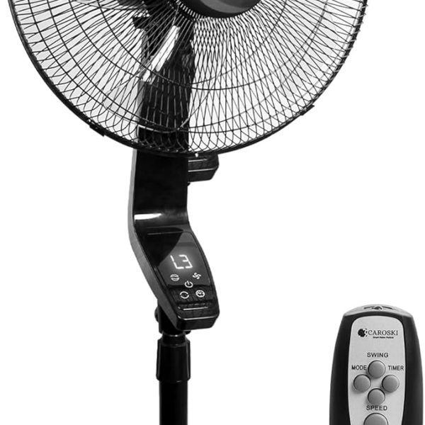 مروحة عمودية 16 بوصة بجهاز تحكم عن بعد و3 إعدادات للسرعة، مروحة حامل متذبذبة مع شاشة LED تعمل باللمس وتايمر وتبريد قوي 55 واط بارتفاع قابل للتعديل وقاعدة ثقيلة لتشغيل هادئ للمنزل والمكتب