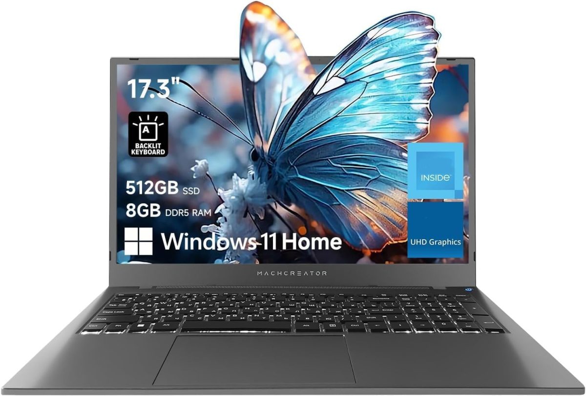 لابتوب ماك كريتور 17.3 انش FHD 120Hz، معالج انتل 8GB DDR5 RAM، 512GB SSD، كيبورد باضاءة خلفية، لوحة لمس كبيرة، كيبورد رقمية، HDMI، كاميرا ويب، مفتاح غالق الكاميرا، واي فاي، ويندوز 11 هوم، رمادي عصري