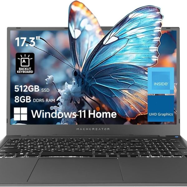 لابتوب ماك كريتور 17.3 انش FHD 120Hz، معالج انتل 8GB DDR5 RAM، 512GB SSD، كيبورد باضاءة خلفية، لوحة لمس كبيرة، كيبورد رقمية، HDMI، كاميرا ويب، مفتاح غالق الكاميرا، واي فاي، ويندوز 11 هوم، رمادي عصري