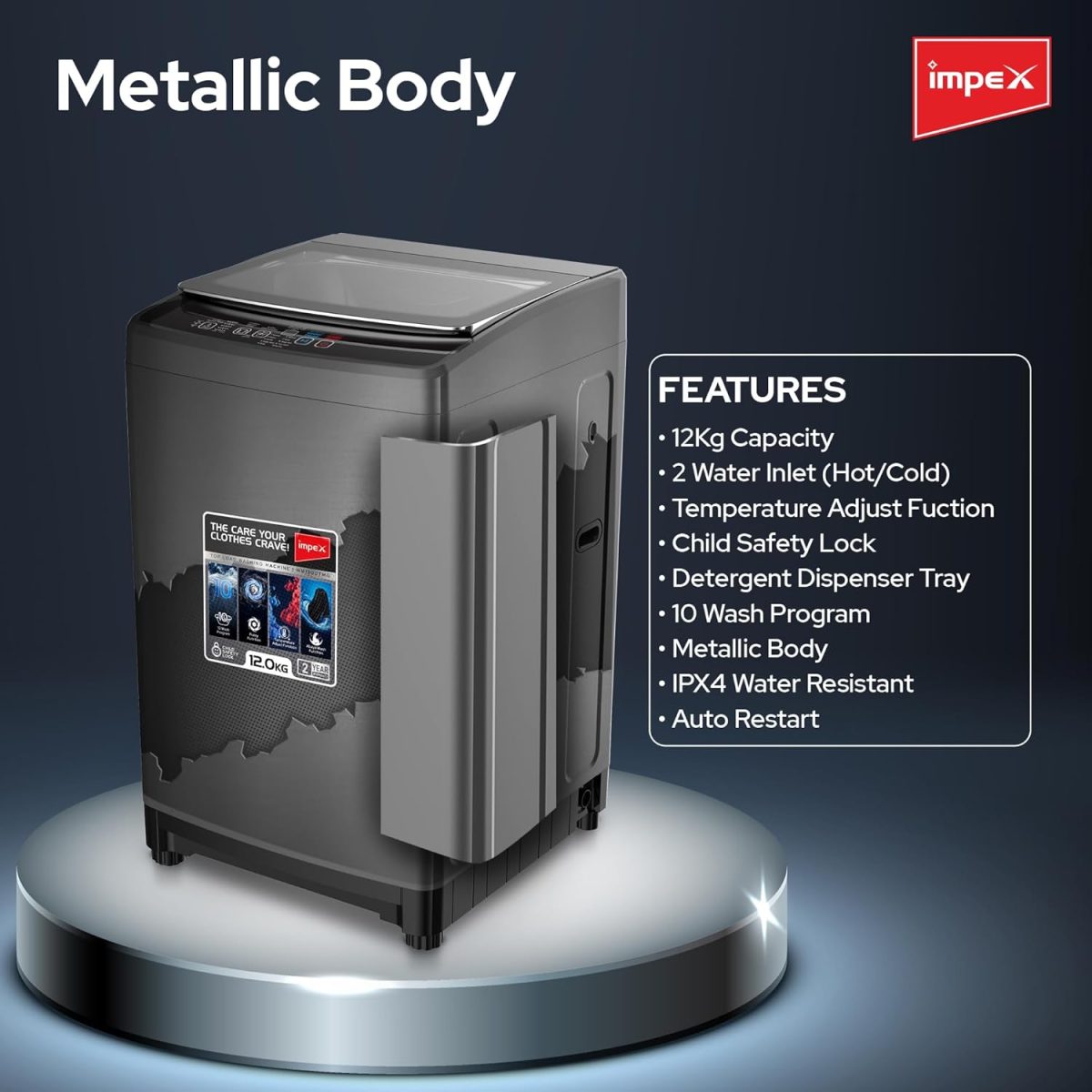 ⁦Impex 12Kg Fully Automatic Top Load Washing Machine | Dual Inlet (Hot/Cold) | 10 Wash Programs | Child Lock | Auto Restart | Metallic Body | Water Resistant | Detergent Tray | Dark Grey | WM1200TMG⁩ - الصورة ⁦8⁩