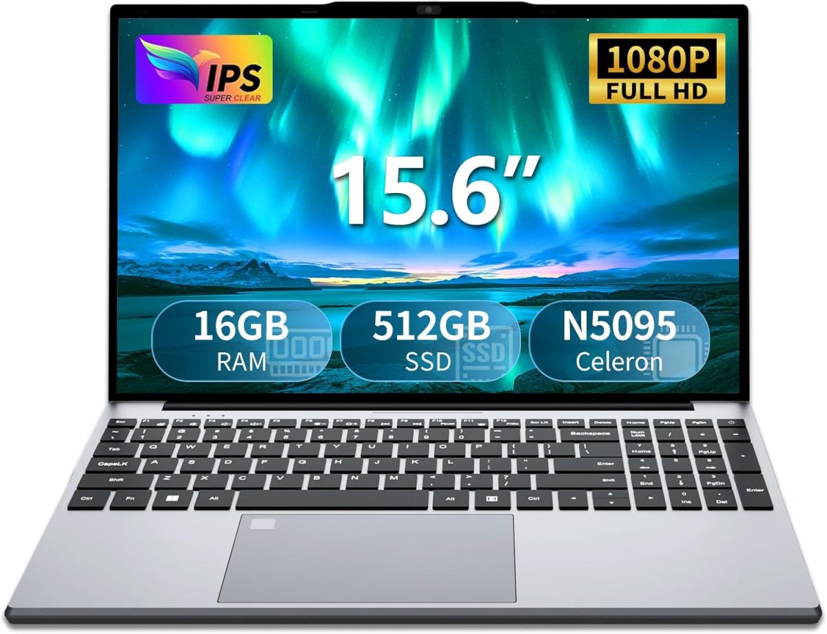 AVENKA Gaming Laptop, 15.6 inch, Celeron N5095, 16GB RAM, 512GB SSD, FHD 1920x1080, 180 Angle Opening, Fingerprint Unlock, Backlit Keyboard, Mini-HDMI