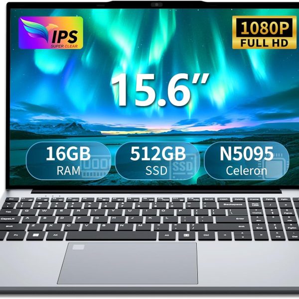 AVENKA Gaming Laptop, 15.6 inch, Celeron N5095, 16GB RAM, 512GB SSD, FHD 1920x1080, 180 Angle Opening, Fingerprint Unlock, Backlit Keyboard, Mini-HDMI