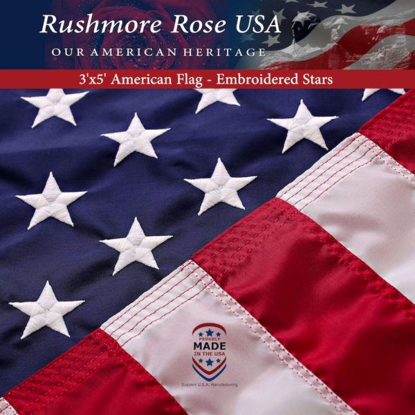 Rushmore Rose USA American Flag 3x5 - Made in Premium US Flag. Embroidered Stars and Stripes - American Flags Made in America