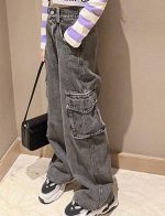⁦SEAUR Girls Kids Jeans Loose Wide-Leg Denim Pants Baggy Straight Elastic Waist Ripped Jeans Stretchy Vintage Casual Trousers with Pockets Age 5-14 Years⁩ - الصورة ⁦3⁩