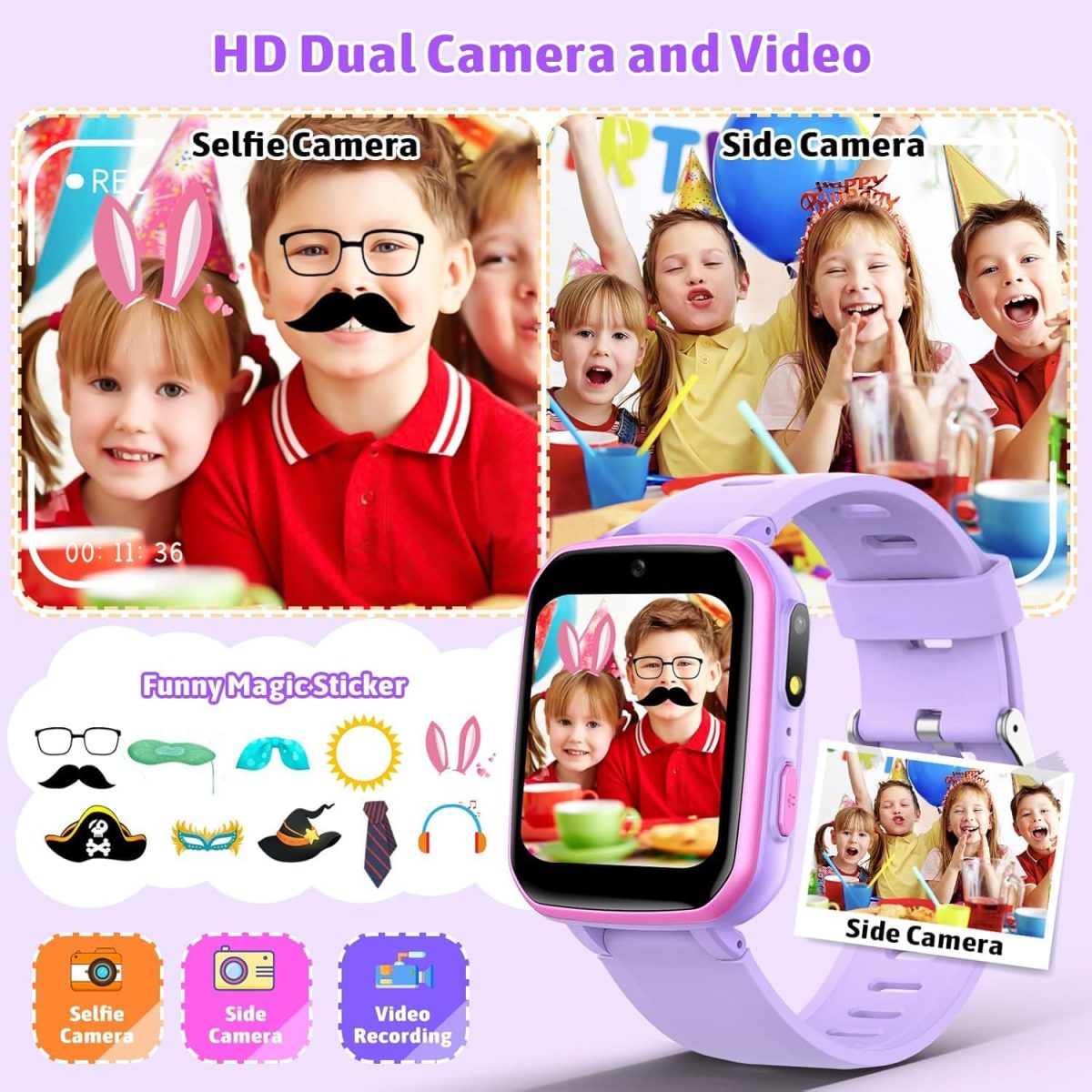 ⁦DMG Kids Smart Watch, 26 Educational Games, Music Player, Pedometer, Alarm Clock, Touch Screen, Learning & Activity Tracker Toy Gift for Boys & Girls Ages 4-12, Birthday & Holiday Present (Purple)⁩ - الصورة ⁦4⁩