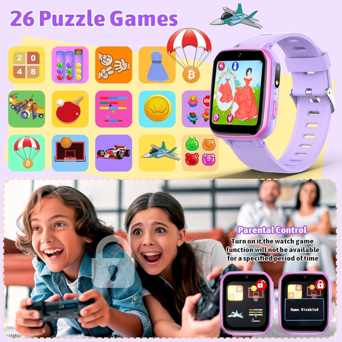 ⁦DMG Kids Smart Watch, 26 Educational Games, Music Player, Pedometer, Alarm Clock, Touch Screen, Learning & Activity Tracker Toy Gift for Boys & Girls Ages 4-12, Birthday & Holiday Present (Purple)⁩ - الصورة ⁦5⁩